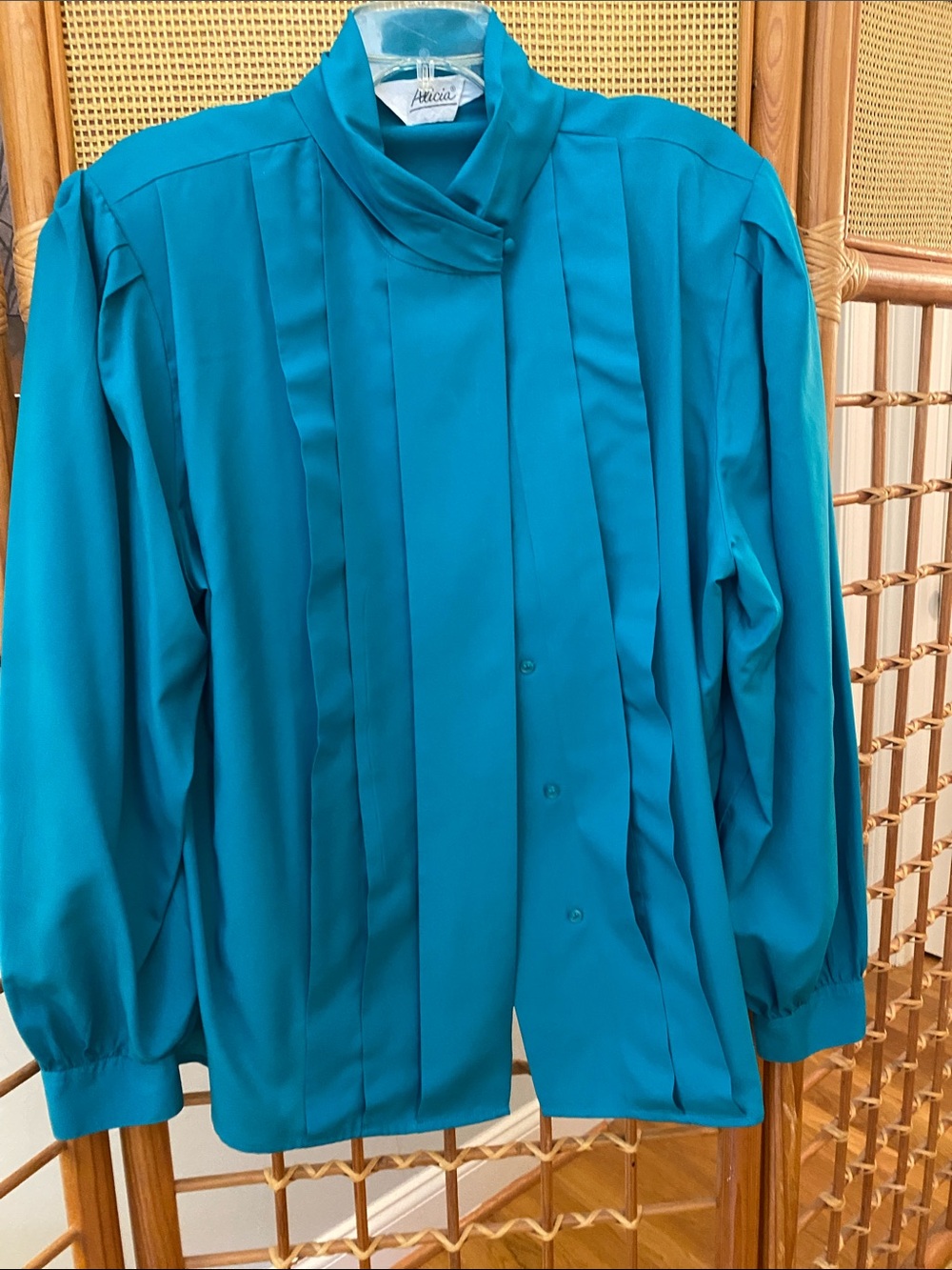 Alicia Teal Pleated High-Collar Blouse